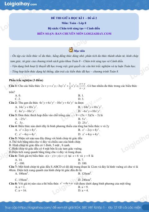 Đề thi giữa kì 1 Toán 8 - Đề số 2